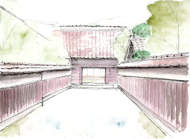 出雲民芸館の門と塀を描いた水彩スケッチ