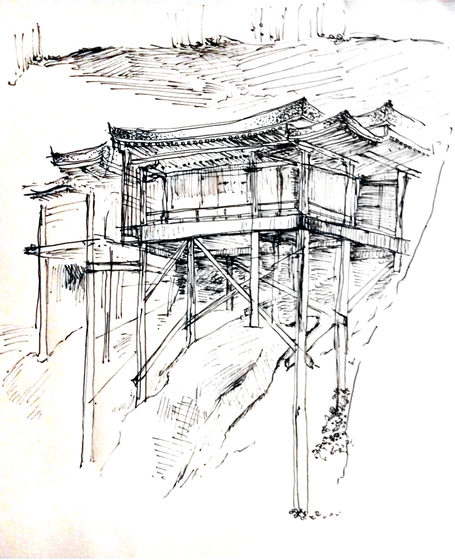 断崖に建つ三徳山の投入堂を描いたペン画